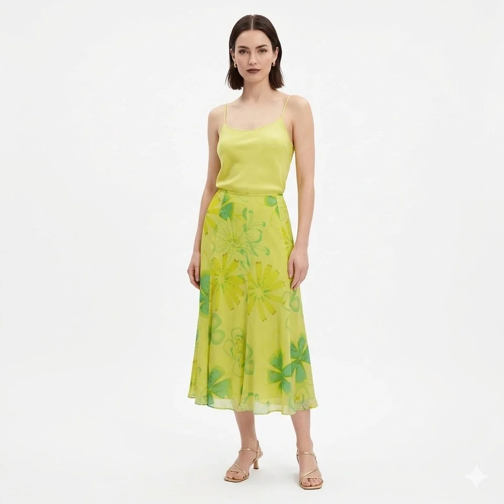 Chartreuse Pistachio Green Floral Skirt 100% Silk 0 90s Minimalist Whimsigoth